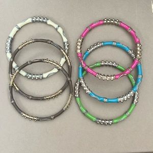 Set of 6 Bangles. Enamel with gold accents. Cream, Taupe, Pink, Blue, and Green